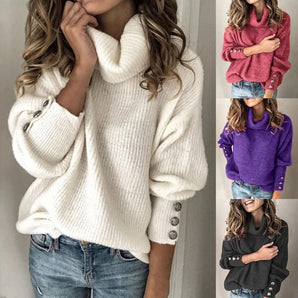 Oversized chunky knit turtleneck sweater in white, styled with jeans, showcasing cozy fall fashion.
