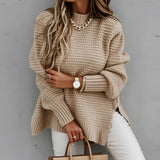 Oversized chunky knit turtleneck sweater in khaki, designed for women's winter fashion, displayed in a 3XL size. The sweater features long sleeves and a loose, comfortable fit.