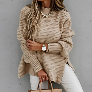 Oversized chunky knit turtleneck sweater in khaki, designed for women's winter fashion, displayed in a 3XL size. The sweater features long sleeves and a loose, comfortable fit.