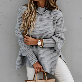 Oversized chunky knit turtleneck sweater in gray for women, shown in size 3XL. The sweater features long sleeves and a cozy turtleneck design, perfect for winter fashion.
