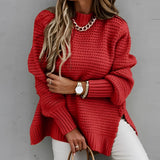
Image of a woman wearing an oversized chunky knit turtleneck sweater in red, designed for winter fashion. The sweater features long sleeves and a loose fit, suitable for plus sizes like 3XL.