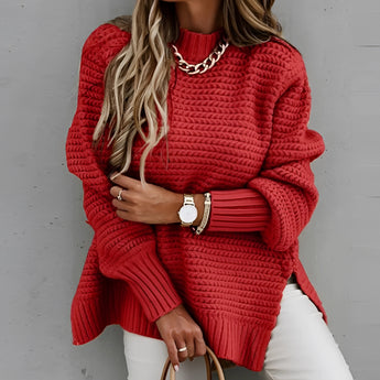 
Image of a woman wearing an oversized chunky knit turtleneck sweater in red, designed for winter fashion. The sweater features long sleeves and a loose fit, suitable for plus sizes like 3XL.