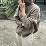 Oversized chunky knit women's brown wool turtleneck sweater featuring long sleeves and a cozy collar.