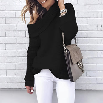 Oversized cowl neck knit sweater in black and white, featuring long sleeves and a chunky, cozy design perfect for fall fashion. The sweater is modeled on a person smiling, showcasing the relaxed fit and stylish shoulder detailing, available in Style 3, size 3XL.