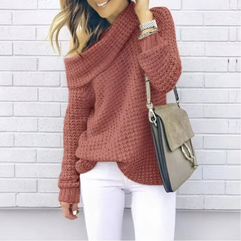 Oversized cowl neck knit sweater in a chunky, cozy style, featuring a 3XL fit with long sleeves and a relaxed silhouette, highlighting a thick collar and textured knit pattern, perfect for fall fashion.