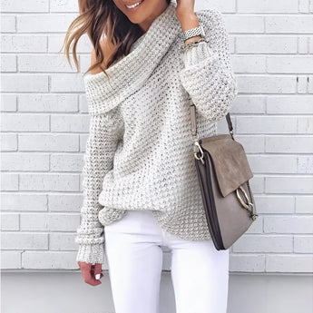 Oversized cowl neck knit sweater in a chunky and cozy style, featuring long sleeves and a relaxed fit in a 3XL size, showcasing a white textile with a subtle tartan pattern.