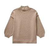 Oversized cream knit sweater with a cozy woolen texture, featuring long sleeves and a classic collar. The sweater is shown in a khaki color, size large, perfect for elegant autumn fashion.