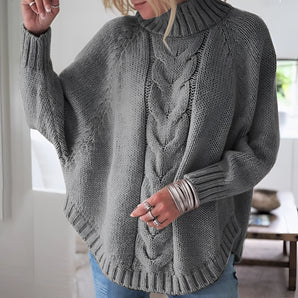 Oversized gray cable knit turtleneck sweater with chunky texture, featuring long sleeves and a cozy, woolen design in a 3XL size.