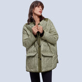 Oversized Green Women's Quilted Puffer Jacket - Lightweight, Casual Autumn, with long sleeves, a high collar, and a comfortable fit, showcasing the arm and shoulder details.