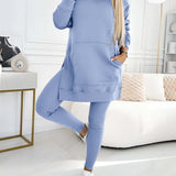 Oversized blue hoodie and leggings set in 2XL, featuring a relaxed fit with long sleeves and a stylish urban streetwear design.