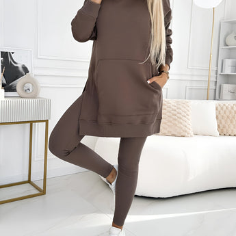 Oversized grey hoodie and leggings set in coffee color, featuring a comfortable 3XL fit, showcasing trendy urban streetwear with details on the neck, sleeves, waist, and legs.