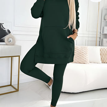 Oversized grey hoodie and leggings set in a trendy urban streetwear style, featuring a relaxed fit with long sleeves and a comfortable waistline, shown in a green 3XL size.
