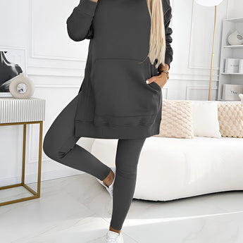 Oversized grey hoodie and leggings set in a trendy urban streetwear style, showcasing a comfortable and relaxed fit with long sleeves, a spacious hood, and a casual look, available in size 3XL.