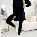 Oversized grey hoodie and leggings set displayed on a model, showcasing trendy urban streetwear style in a black color variant, size 3XL. The outfit features a comfortable fit with emphasis on the shoulders, neck, waist, knees, and sleeves.