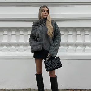 Oversized Grey Turtleneck & Black Thigh Highs - Trendy Autumn Fashion