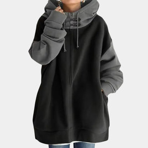 Oversized black zip-up women's hoodie with pockets, featuring a relaxed fit and long sleeves, suitable for fall casual wear in size 3XL.