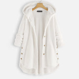 Oversized hooded knit sweater coat in chunky taupe, displayed on a hanger, featuring long sleeves and a cozy, textured design.