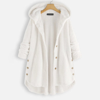 Oversized hooded knit sweater coat in chunky taupe, displayed on a hanger, featuring long sleeves and a cozy, textured design.