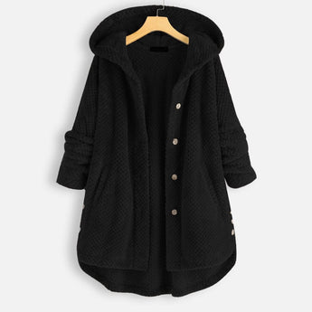 Oversized hooded knit sweater coat in chunky taupe, featuring long sleeves and an open front design. The cardigan is styled in a comfortable 3XL size and is suitable for winter wear.