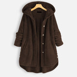Oversized hooded knit sweater coat in chunky taupe, featuring a relaxed 3XL fit with long sleeves, a cozy collar, and large front pockets, perfect for winter layering.