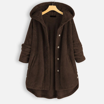 Oversized hooded knit sweater coat in chunky taupe, featuring a relaxed 3XL fit with long sleeves, a cozy collar, and large front pockets, perfect for winter layering.