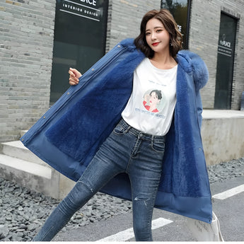 Oversized blue fur hooded coat, long sleeves, suitable for winter fashion, displayed in 4XL size.