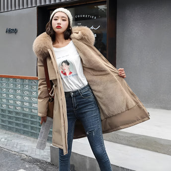 Oversized beige fur hooded coat in size 4XL, featuring luxurious fur collar and sleeves, designed for winter fashion.