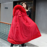 Oversized red fur hooded coat in a luxurious winter fashion design, featuring a 4XL size with attention to neck, sleeve, and waist details.