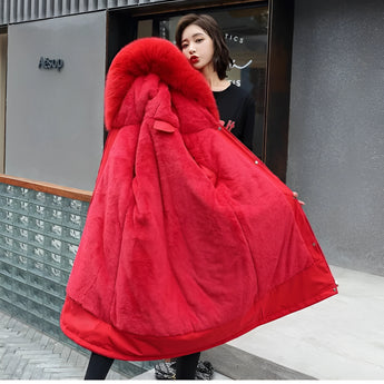 Oversized red fur hooded coat in a luxurious winter fashion design, featuring a 4XL size with attention to neck, sleeve, and waist details.