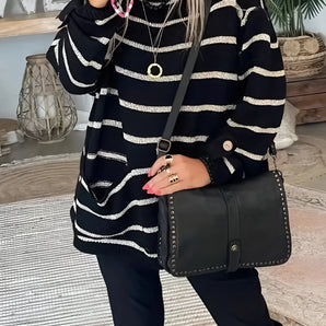 Oversized Striped Sweater Women's Fashion Top - Black & White