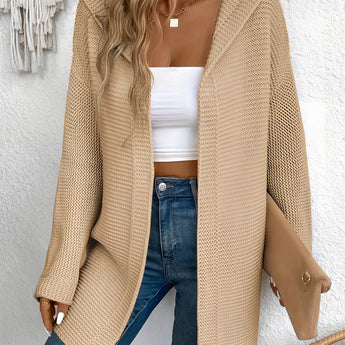 Oversized beige women's chunky knit off-shoulder cardigan in XL size, showcasing a relaxed fit with long sleeves and a cozy texture, styled casually over a pair of jeans.