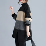 Oversized turtleneck striped sweater dress featuring a chunky knit design, showcasing long sleeves and a loose fit covering the shoulders and extending to the knees, perfect for winter fashion.