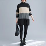 Oversized turtleneck striped sweater dress in chunky knit design, showcasing a cozy winter fashion style with long sleeves and a relaxed fit.