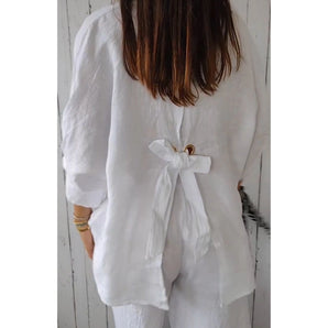 Oversized White Linen Tie-Back Blouse - Breathable Eco-Friendly Top