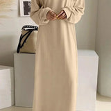 Oversized women's long gray hoodie dress in a comfortable cotton blend, featuring a khaki shade in size 5XL. The dress has a hooded collar, long sleeves, and a relaxed fit, suitable for casual and stylish wear.