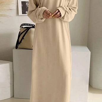 Oversized women's long gray hoodie dress in a comfortable cotton blend, featuring a khaki shade in size 5XL. The dress has a hooded collar, long sleeves, and a relaxed fit, suitable for casual and stylish wear.