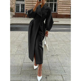 Oversized black double-breasted women's wool trench coat, featuring a stylish collar and knee-length design, displayed in a 2XL size.