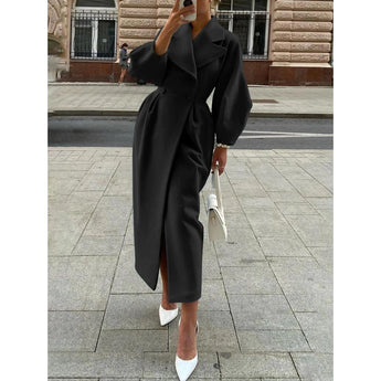 Oversized black double-breasted women's wool trench coat, featuring a stylish collar and knee-length design, displayed in a 2XL size.