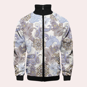Paisley Bomber Jacket featuring a bohemian floral pattern with a zip-up front, long sleeves, and a tailored collar, showcasing a vibrant magenta color.