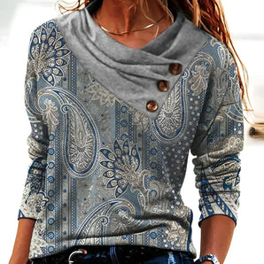 Paisley Cowl Neck Bohemian Blouse - Elegant 3/4 Sleeve Top