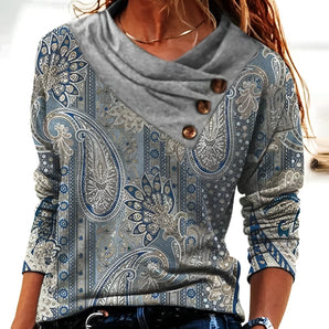 A grey paisley print cowl neck sweater in bohemian style, featuring long sleeves and a relaxed fit, perfect for autumn wear.