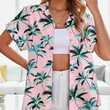 Palm Tree Print Women's Lightweight Beach Shirt in Pink, showcasing short sleeves and a relaxed fit ideal for resort wear.