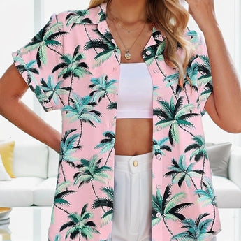 Palm Tree Print Women's Lightweight Beach Shirt in Pink, showcasing short sleeves and a relaxed fit ideal for resort wear.