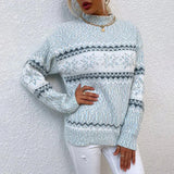 Pastel blue fuzzy knit wool-blend crew neck sweater featuring a Scandinavian pattern, shown in size XL, with long sleeves and soft texture.