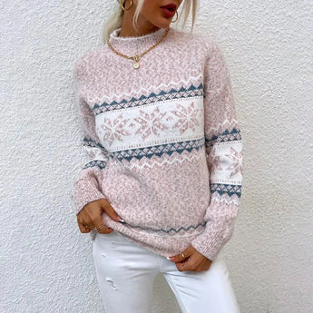 Pastel blue fuzzy knit wool-blend crew neck sweater featuring a Scandinavian pattern, displayed on a mannequin or model with focus on the shoulder, neck, and sleeve areas. The sweater has a relaxed fit, showcasing the intricate design and texture of the material.