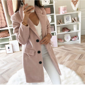 Pastel pink wool longline blazer for women, shown in a rose color and size 4XL, featuring a chic winter coat design with long sleeves and a tailored waist, styled for fashionable outerwear.