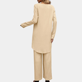 Pastel yellow linen loungewear set for women, featuring a soft and comfortable pajama top with long sleeves and a classic collar.
