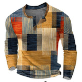 Multicolor bohemian patchwork henley shirt with long sleeves, featuring an orange color in 4XL size, displayed on a clothes hanger.