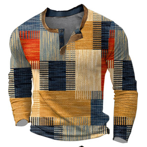 Multicolor bohemian patchwork henley shirt with long sleeves, featuring an orange color in 4XL size, displayed on a clothes hanger.