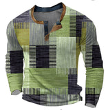 Multicolor bohemian patchwork Henley shirt in green, featuring long sleeves and a classic collar, designed for size 4XL.